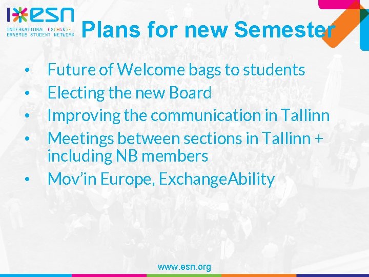 Plans for new Semester • • • Future of Welcome bags to students Electing
