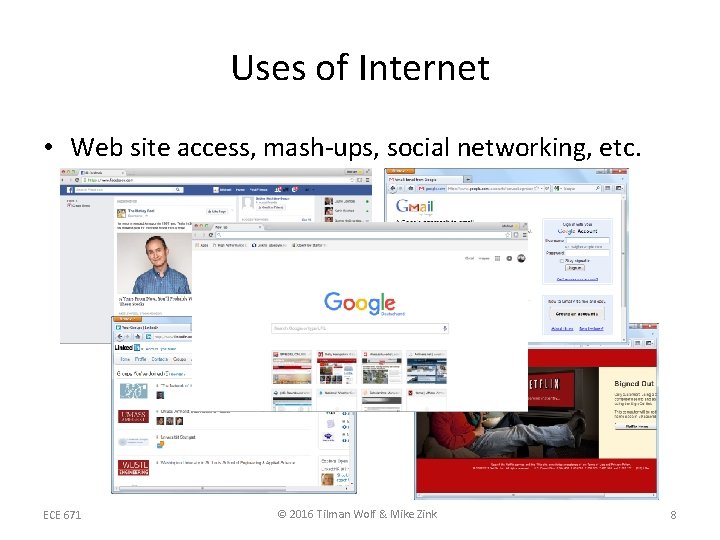 Uses of Internet • Web site access, mash-ups, social networking, etc. ECE 671 © Uses of Internet • Web site access, mash-ups, social networking, etc. ECE 671 ©