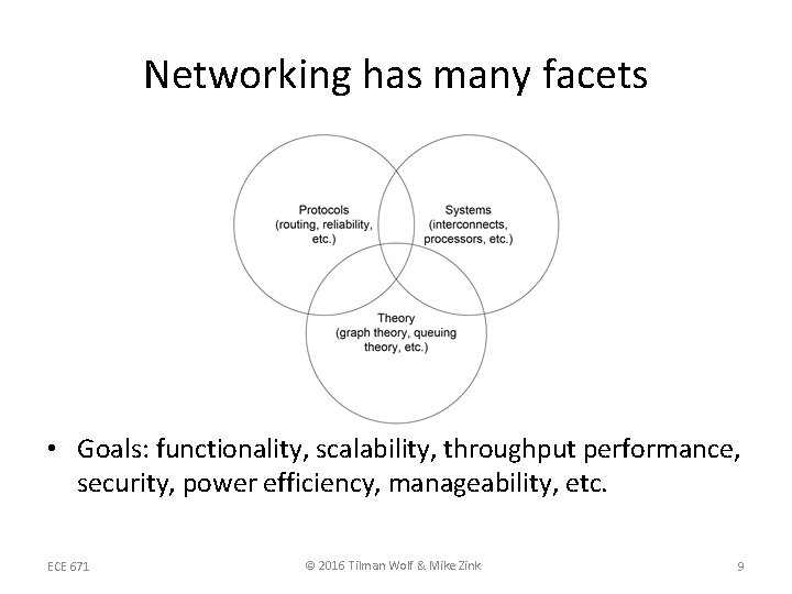 Networking has many facets • Goals: functionality, scalability, throughput performance, security, power efficiency, manageability, Networking has many facets • Goals: functionality, scalability, throughput performance, security, power efficiency, manageability,
