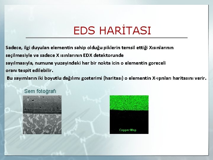 EDS HARİTASI Sadece, ilgi duyulan elementin sahip olduğu piklerin temsil ettiği Xısınlarının seçilmesiyle ve