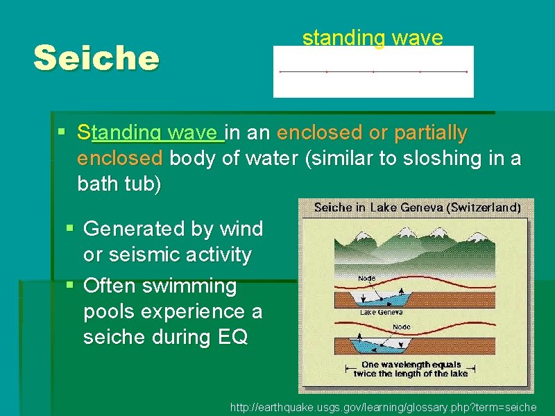 standing wave Seiche § Standing wave in an enclosed or partially enclosed body of standing wave Seiche § Standing wave in an enclosed or partially enclosed body of
