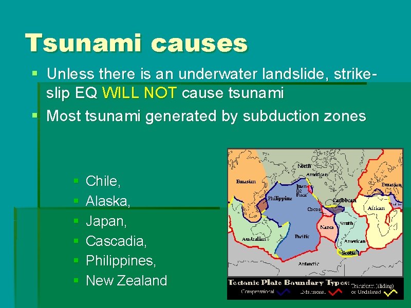 Tsunami causes § Unless there is an underwater landslide, strikeslip EQ WILL NOT cause Tsunami causes § Unless there is an underwater landslide, strikeslip EQ WILL NOT cause