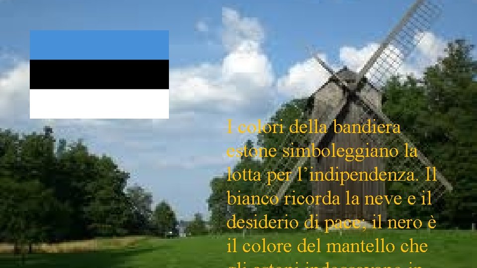 I colori della bandiera estone simboleggiano la lotta per l’indipendenza. Il bianco ricorda la I colori della bandiera estone simboleggiano la lotta per l’indipendenza. Il bianco ricorda la