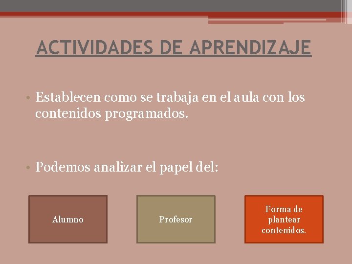 ACTIVIDADES DE APRENDIZAJE • Establecen como se trabaja en el aula con los contenidos