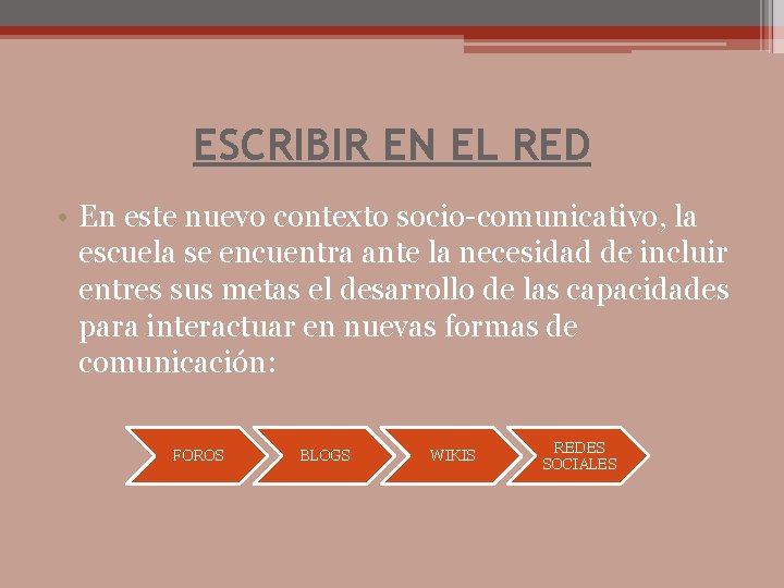 ESCRIBIR EN EL RED • En este nuevo contexto socio-comunicativo, la escuela se encuentra