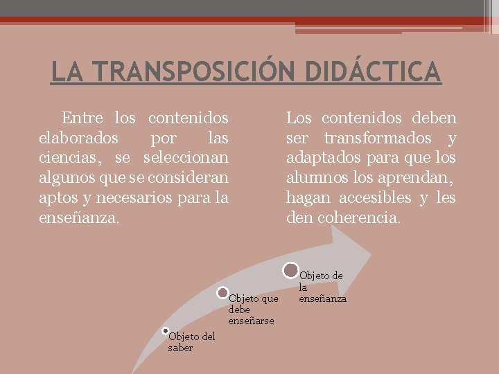 LA TRANSPOSICIÓN DIDÁCTICA Entre los contenidos elaborados por las ciencias, se seleccionan algunos que