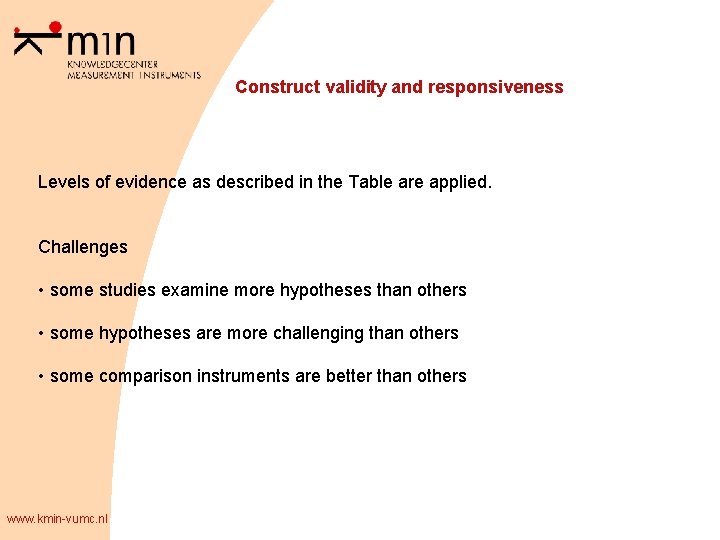 Construct validity and responsiveness Levels of evidence as described in the Table are applied.