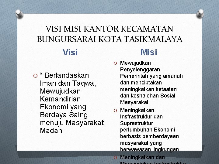 VISI MISI KANTOR KECAMATAN BUNGURSARAI KOTA TASIKMALAYA Visi Misi O Mewujudkan O “ Berlandaskan