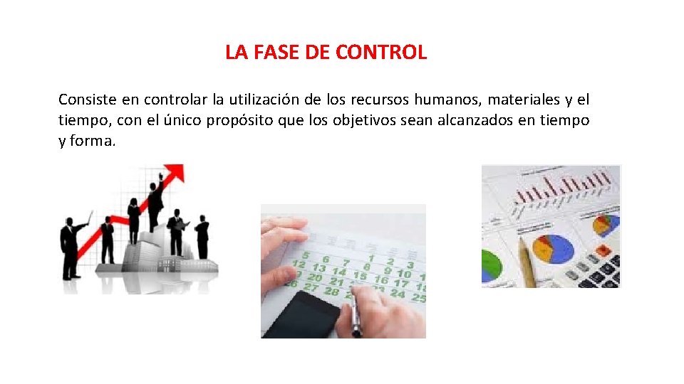 LA FASE DE CONTROL Consiste en controlar la utilización de los recursos humanos, materiales