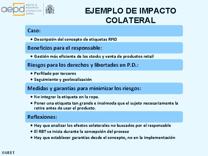 EJEMPLO DE IMPACTO COLATERAL Caso: Descripción del concepto de etiquetas RFID Beneficios para el