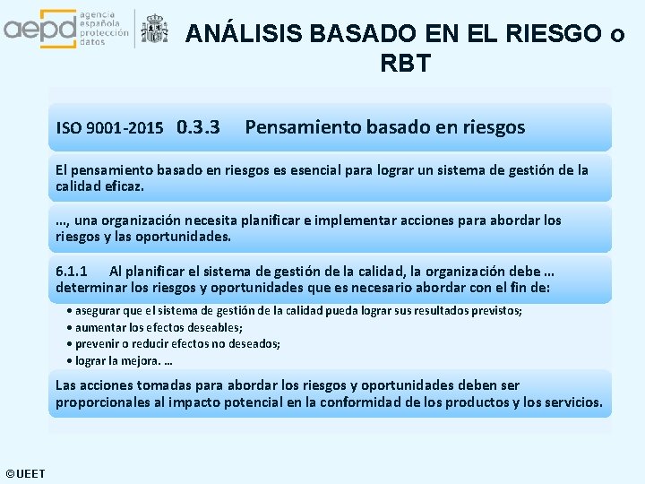 ANÁLISIS BASADO EN EL RIESGO o RBT ISO 9001 -2015 0. 3. 3 Pensamiento