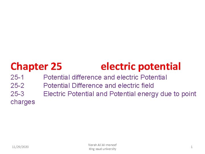 Chapter 25 25 -1 25 -2 25 -3 charges 11/29/2020 electric potential Potential difference