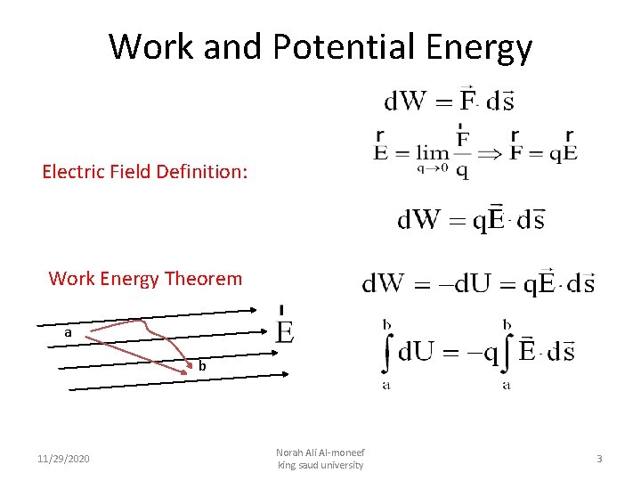 Work and Potential Energy Electric Field Definition: Work Energy Theorem a b 11/29/2020 Norah