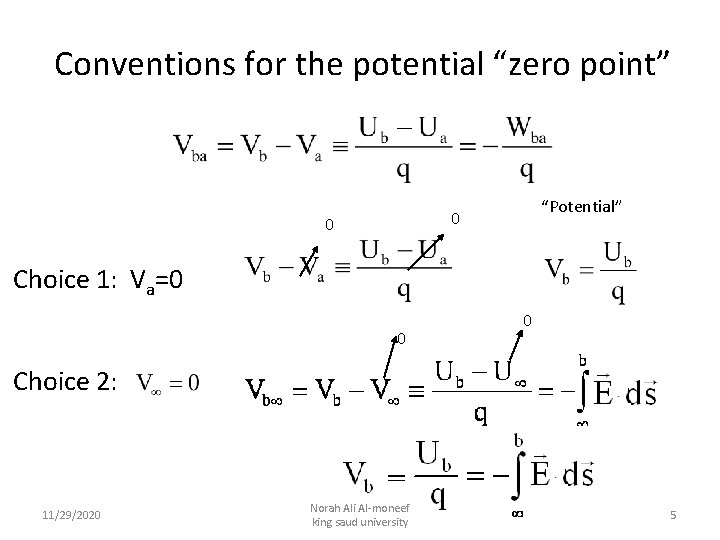 Conventions for the potential “zero point” “Potential” 0 0 Choice 1: Va=0 0 0