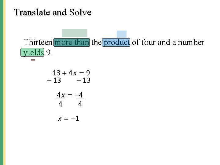 Translate and Solve Thirteen more than the product of four and a number yields