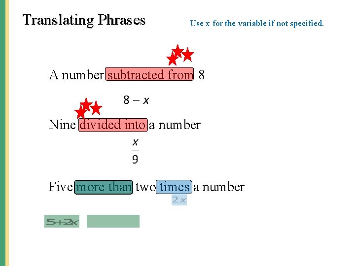 Translating Phrases Use x for the variable if not specified. A number subtracted from