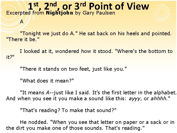 st, 2 nd, or 3 rd Point of View 1 Excerpted from Nightjohn by st, 2 nd, or 3 rd Point of View 1 Excerpted from Nightjohn by