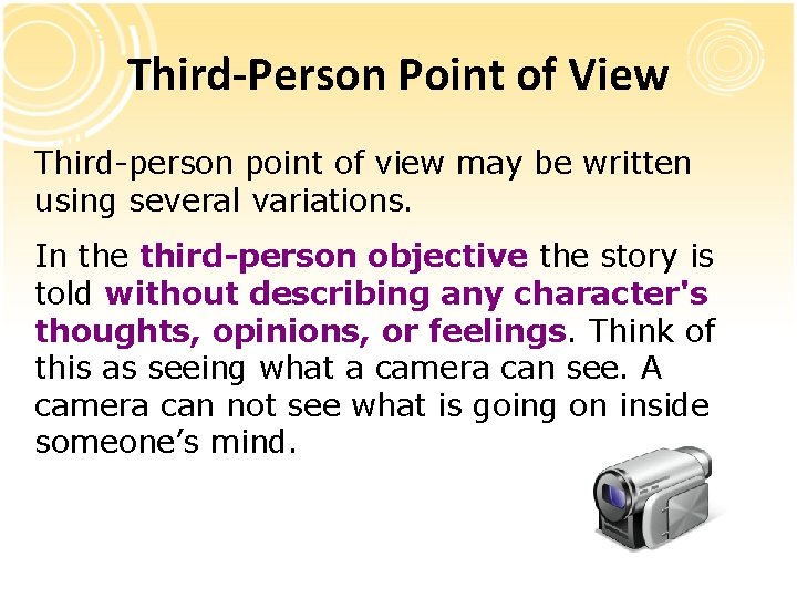 Third-Person Point of View Third-person point of view may be written using several variations. Third-Person Point of View Third-person point of view may be written using several variations.