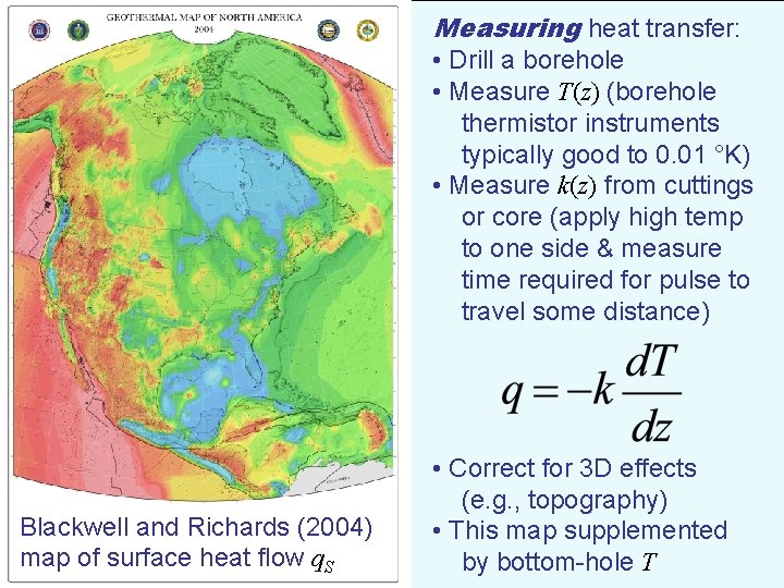 Measuring heat transfer: • Drill a borehole • Measure T(z) (borehole thermistor instruments typically