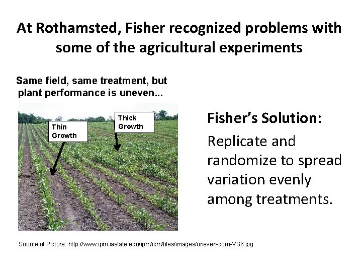 At Rothamsted, Fisher recognized problems with some of the agricultural experiments Same field, same