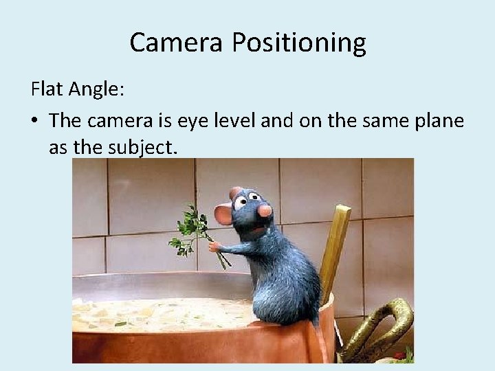Camera Positioning Flat Angle: • The camera is eye level and on the same