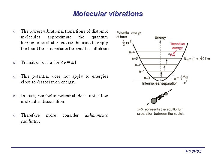 Molecular vibrations o The lowest vibrational transitions of diatomic molecules approximate the quantum harmonic