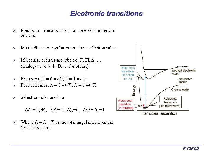 Electronic transitions occur between molecular orbitals. o Must adhere to angular momentum selection rules.