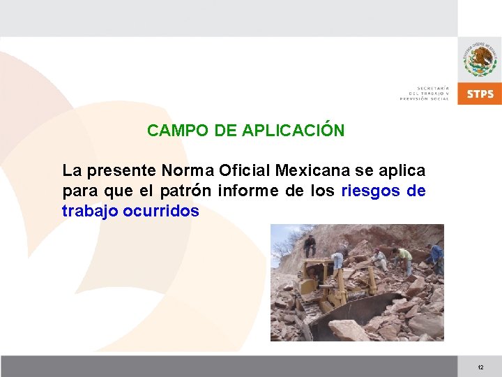 CAMPO DE APLICACIÓN La presente Norma Oficial Mexicana se aplica para que el patrón