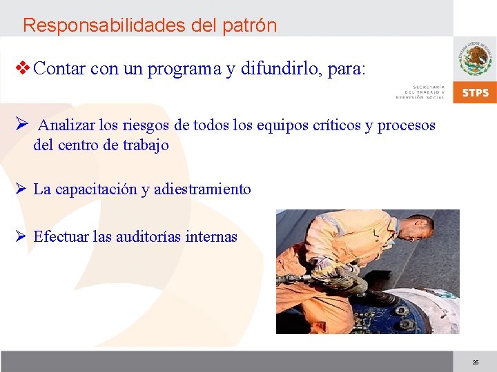 Responsabilidades del patrón v Contar con un programa y difundirlo, para: Ø Analizar los