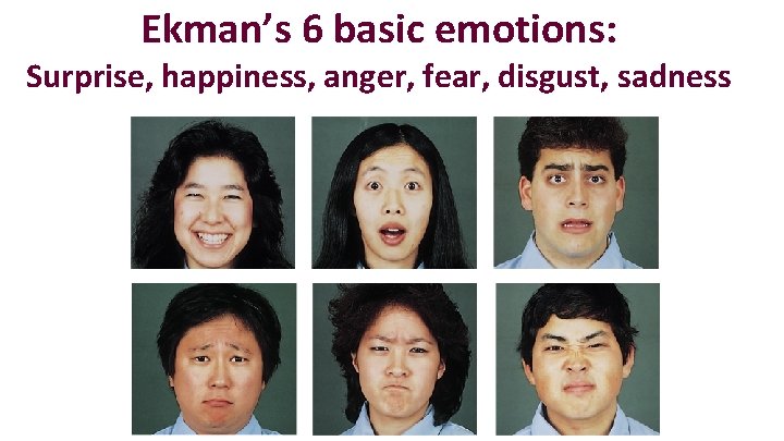 Ekman’s 6 basic emotions: Surprise, happiness, anger, fear, disgust, sadness 