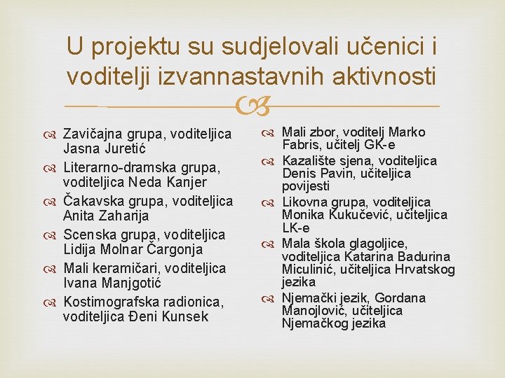 U projektu su sudjelovali učenici i voditelji izvannastavnih aktivnosti Zavičajna grupa, voditeljica Jasna Juretić