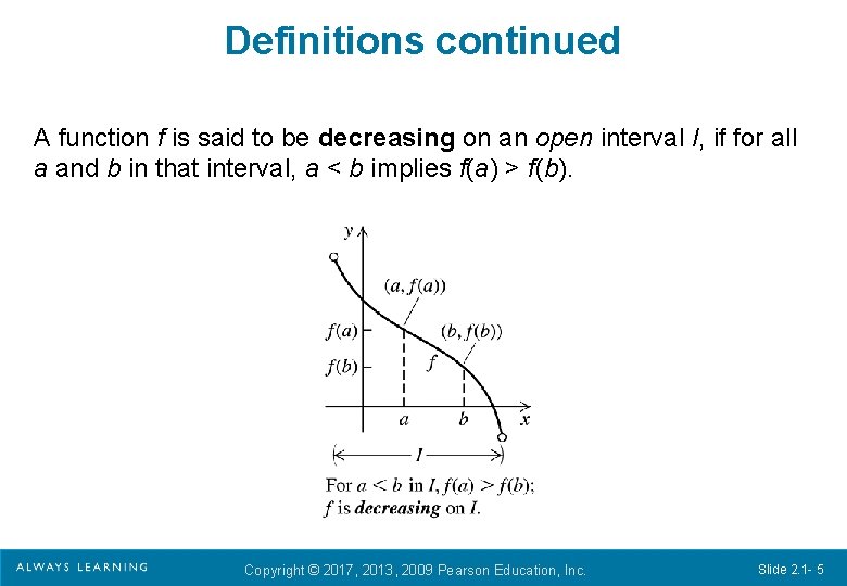 Definitions continued A function f is said to be decreasing on an open interval