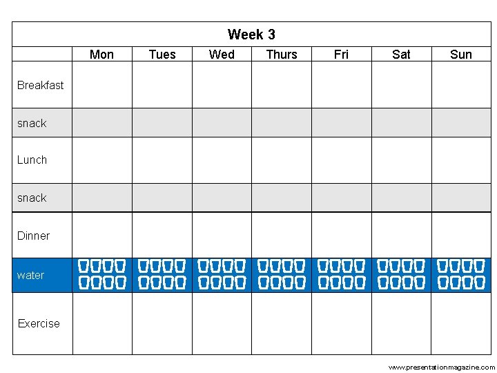 Week 3 Mon Tues Wed Thurs Fri Sat Sun Breakfast snack Lunch snack Dinner Week 3 Mon Tues Wed Thurs Fri Sat Sun Breakfast snack Lunch snack Dinner