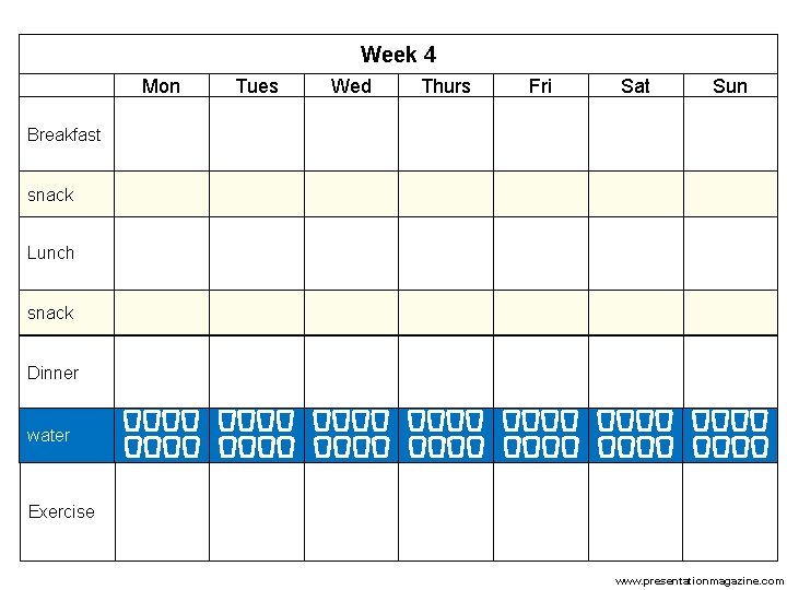 Week 4 Mon Tues Wed Thurs Fri Sat Sun Breakfast snack Lunch snack Dinner Week 4 Mon Tues Wed Thurs Fri Sat Sun Breakfast snack Lunch snack Dinner