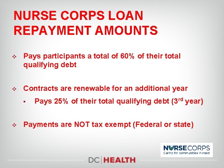 NURSE CORPS LOAN REPAYMENT AMOUNTS v Pays participants a total of 60% of their