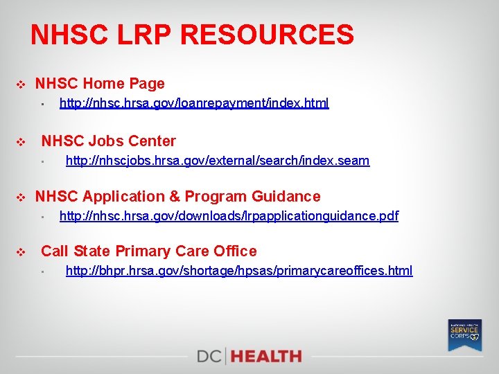 NHSC LRP RESOURCES v NHSC Home Page • v NHSC Jobs Center • v