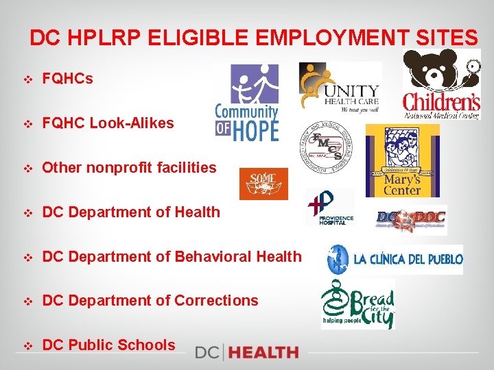 DC HPLRP ELIGIBLE EMPLOYMENT SITES v FQHCs v FQHC Look-Alikes v Other nonprofit facilities