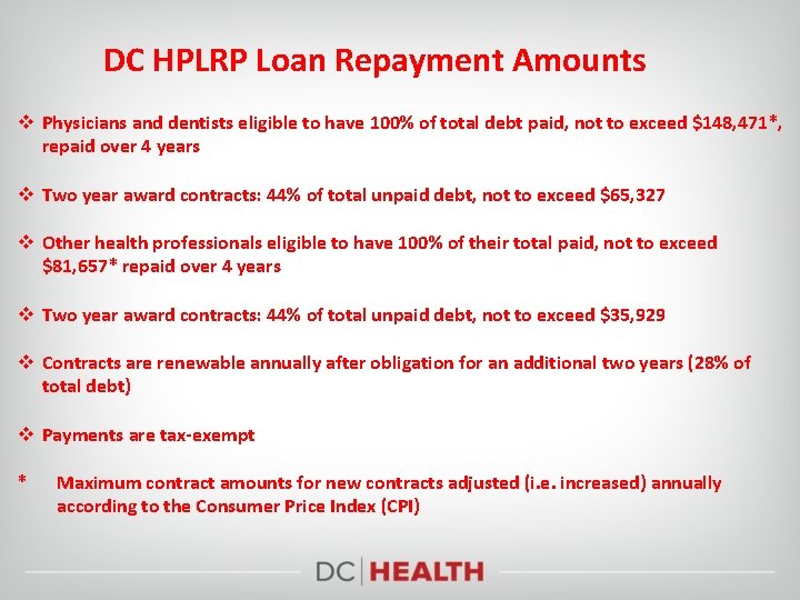 DC HPLRP Loan Repayment Amounts v Physicians and dentists eligible to have 100% of