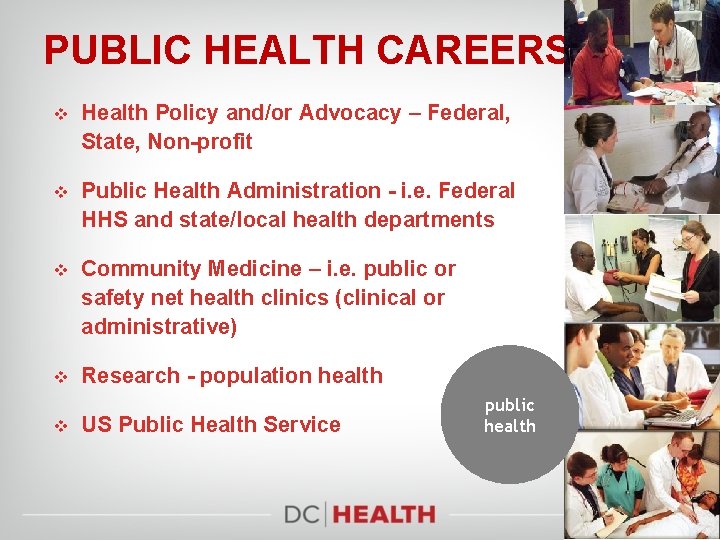 PUBLIC HEALTH CAREERS v Health Policy and/or Advocacy – Federal, State, Non-profit v Public