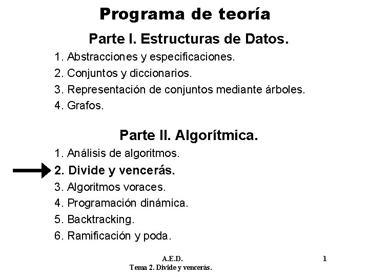 Programa de teoría Parte I. Estructuras de Datos. 1. Abstracciones y especificaciones. 2. Conjuntos