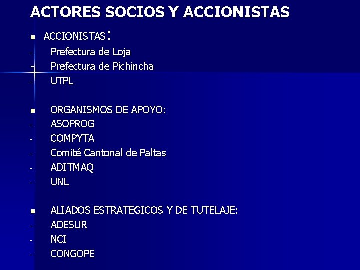 ACTORES SOCIOS Y ACCIONISTAS n - - n - : ACCIONISTAS Prefectura de Loja