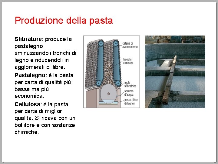 Produzione della pasta Sfibratore: produce la pastalegno sminuzzando i tronchi di legno e riducendoli