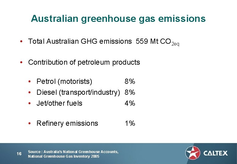 Australian greenhouse gas emissions • Total Australian GHG emissions 559 Mt CO 2 eq