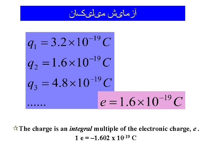  آﺰﻣﺎیﺶ ﻣیﻠیکﺎﻥ ¶The charge is an integral multiple of the electronic charge, e.