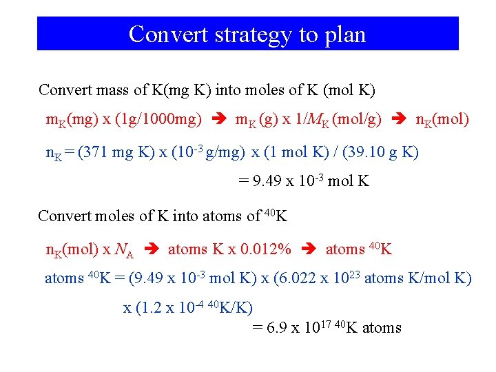 Convert strategy to plan Convert mass of K(mg K) into moles of K (mol