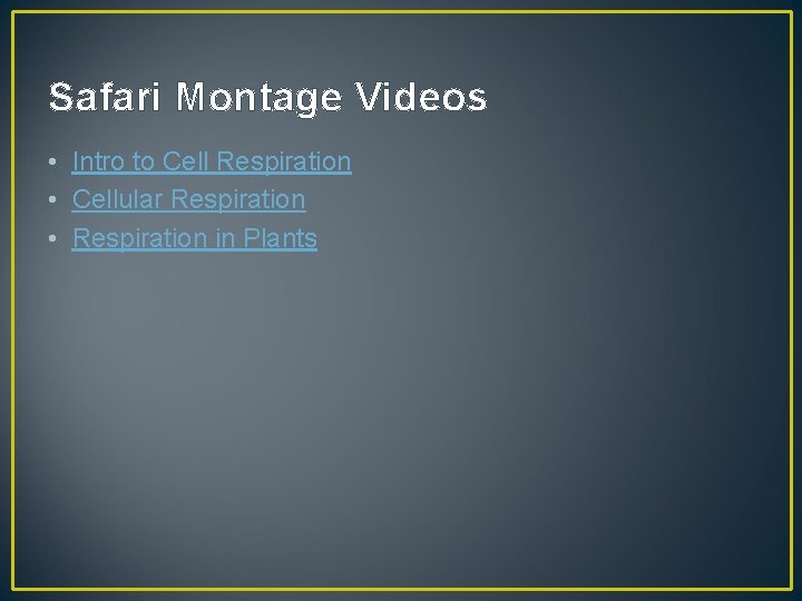 Safari Montage Videos • Intro to Cell Respiration • Cellular Respiration • Respiration in