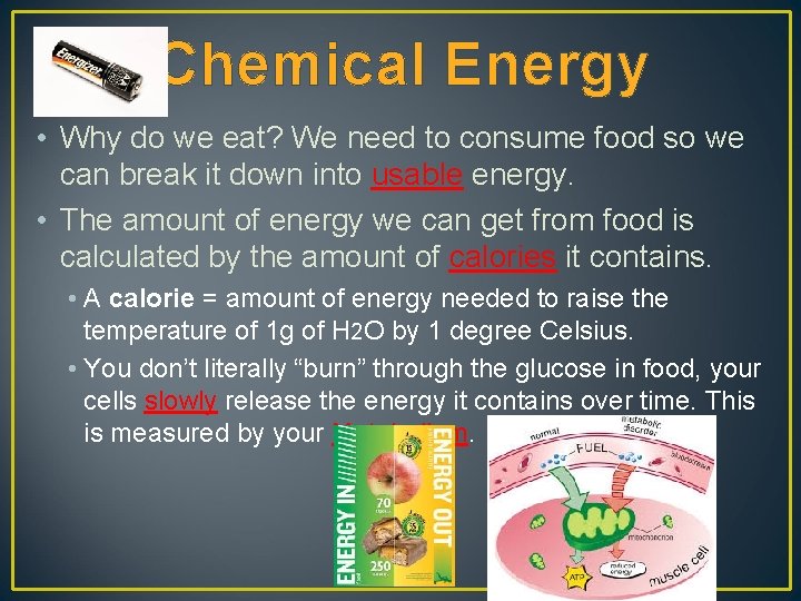 Chemical Energy • Why do we eat? We need to consume food so we