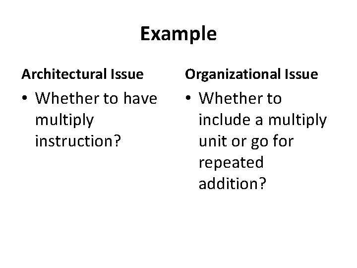 Example Architectural Issue Organizational Issue • Whether to have multiply instruction? • Whether to