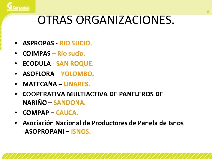 OTRAS ORGANIZACIONES. ASPROPAS - RIO SUCIO. COIMPAS – Río sucio. ECODULA - SAN ROQUE.