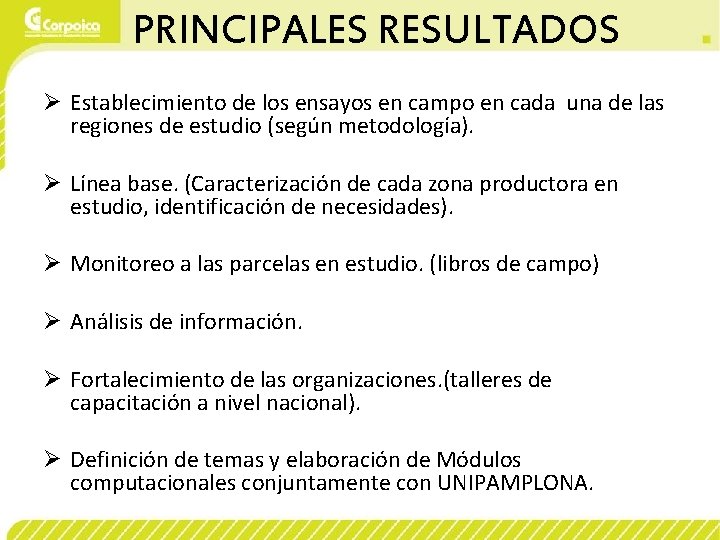 PRINCIPALES RESULTADOS Ø Establecimiento de los ensayos en campo en cada una de las